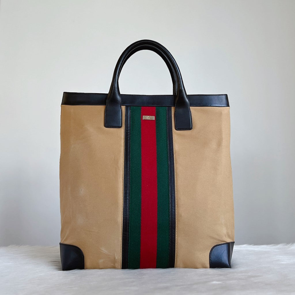 Gucci Leather Trim Signature Stripe Career Large Tote Bag