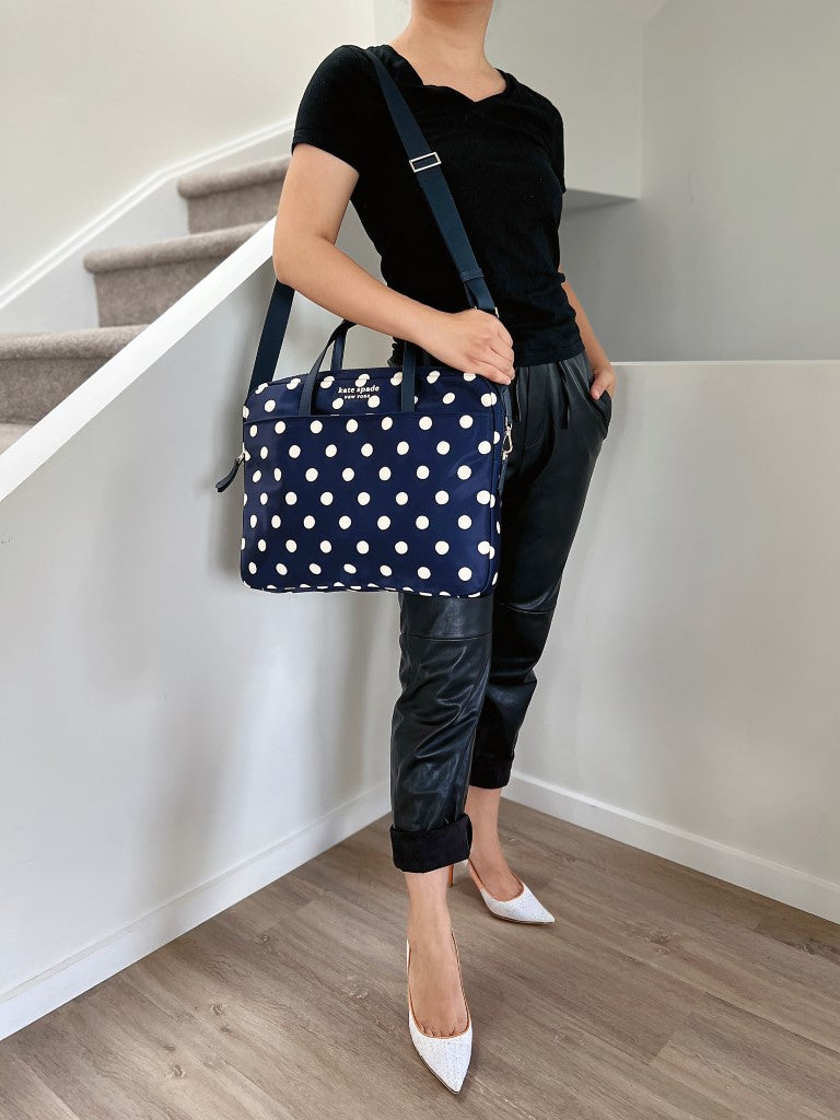 Kate Spade Navy Polka Dot Front Logo Computer Shoulder Bag Like New