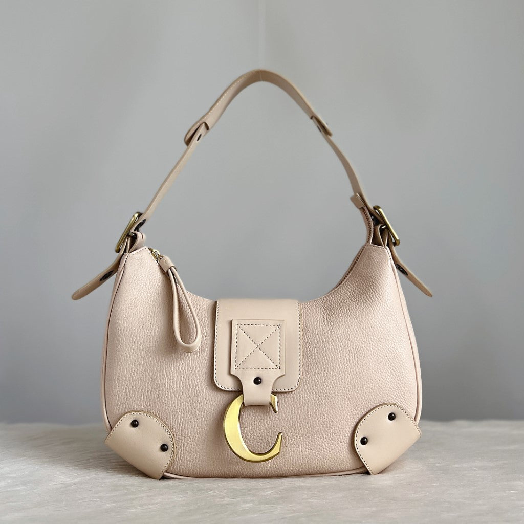 Chloe Beige Leather Signature C Buckle Shoulder Bag Excellent