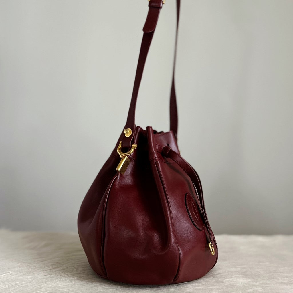 Cartier Signature Bordeaux Leather Drawstring Bucket Shoulder Bag