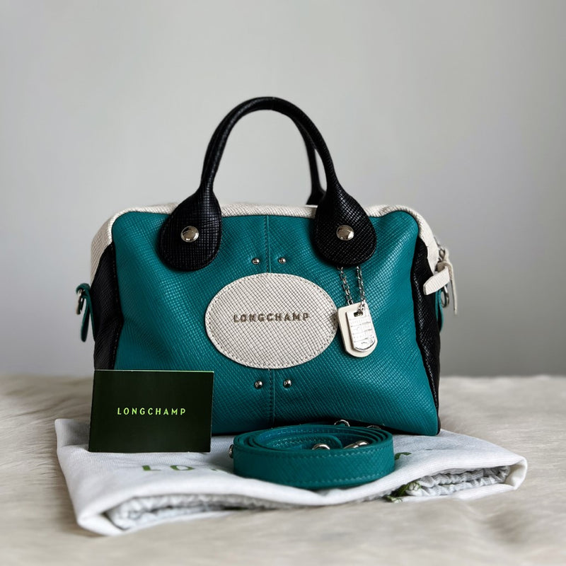 Longchamp TriTone Leather Boston 2 Way Shoulder Bag Excellent Luxury Trade