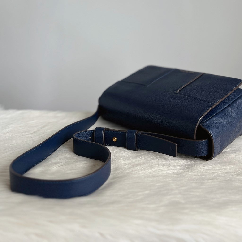 Tory Burch Navy Leather Signature T Detail Shoulder Bag Excellent