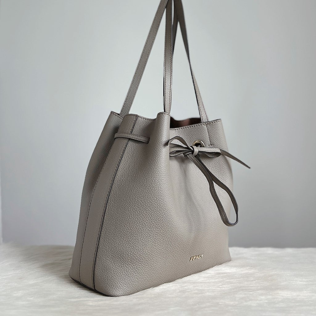 Furla Grey Leather Drawstring Career Shoulder Bag Like New