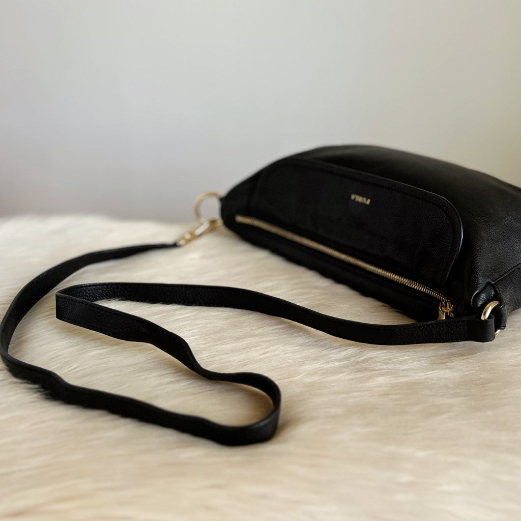 Furla Black Leather Front Pocket Crossbody Shoulder Bag Excellent