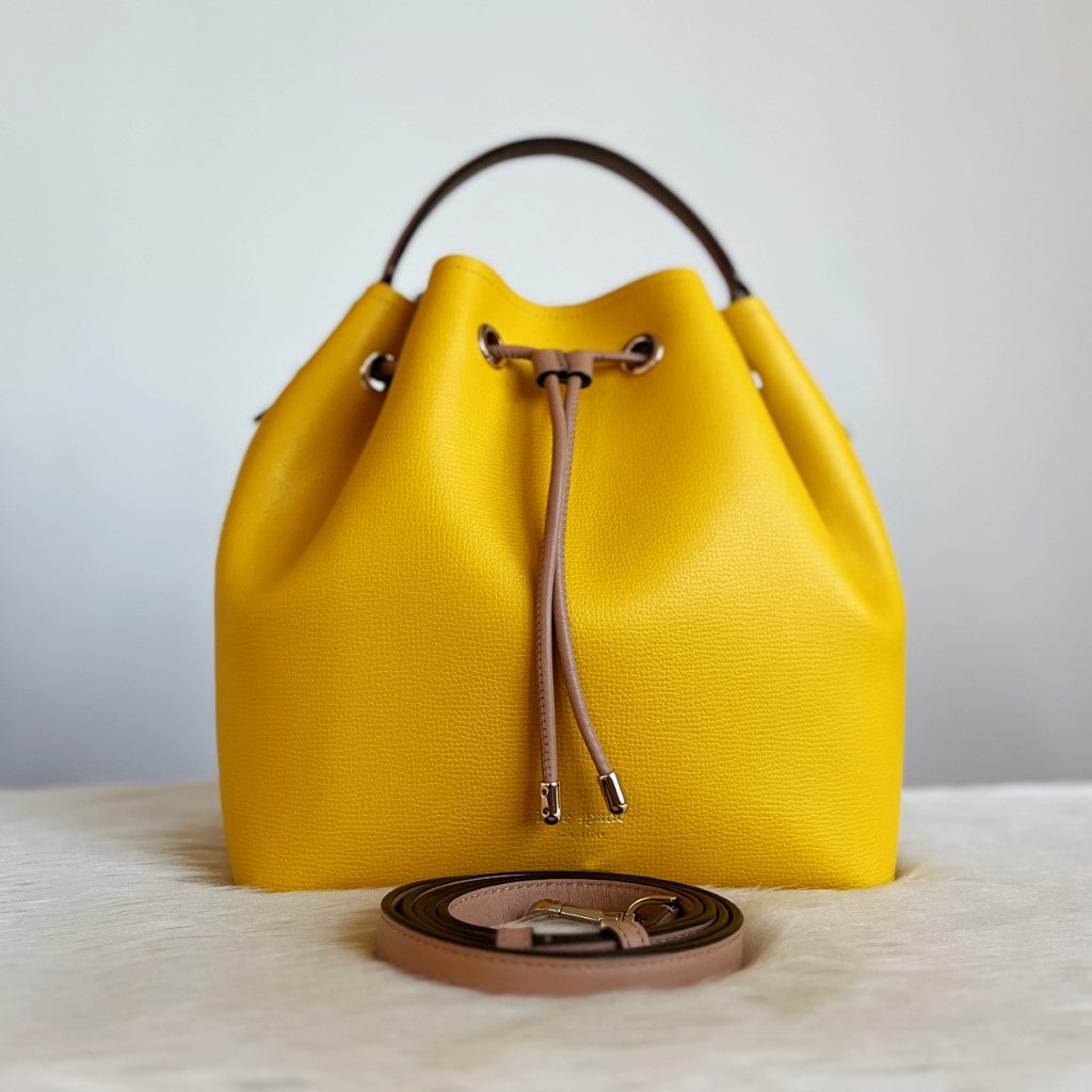 Kate Spade Two Tone Leather Drawstring Bucket 2 Way Shoulder Bag Like New