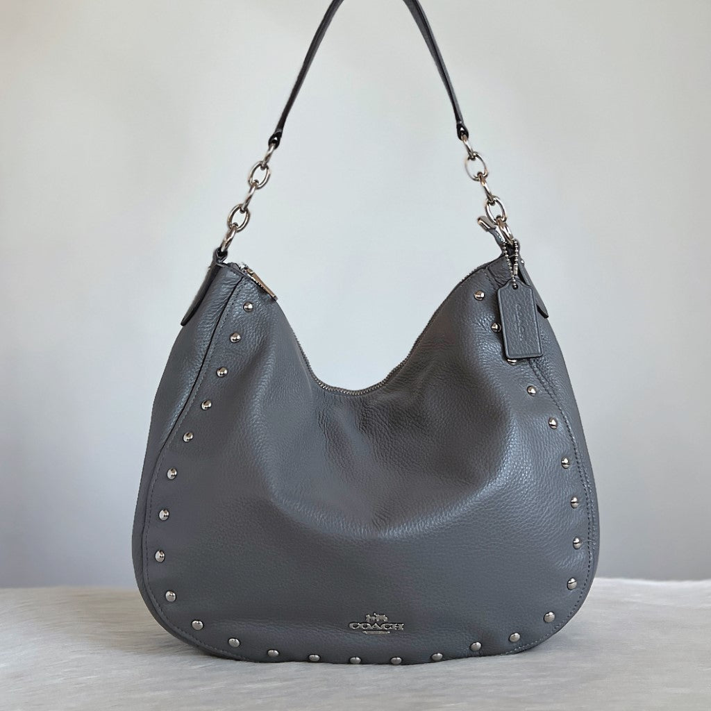 Coach Grey Leather Studded Detail Slouchy Shoulder Bag Like New