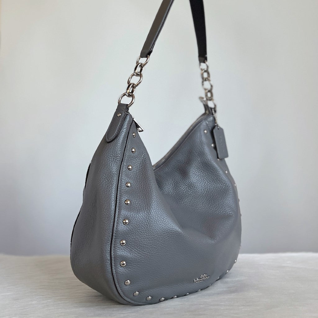 Coach Grey Leather Studded Detail Slouchy Shoulder Bag Like New