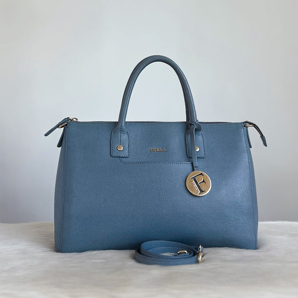 Furla Smoky Blue Leather F Charm 2 Way Shoulder Bag Like New