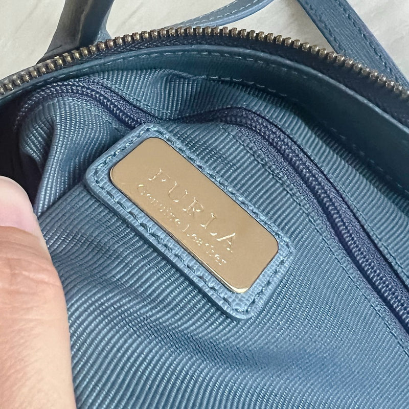 Furla Smoky Blue Leather F Charm 2 Way Shoulder Bag Like New