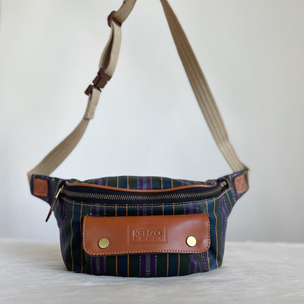 Kenzo Caramel Leather Pocket Stripe Detail Bum Bag Excellent Luxury Trade