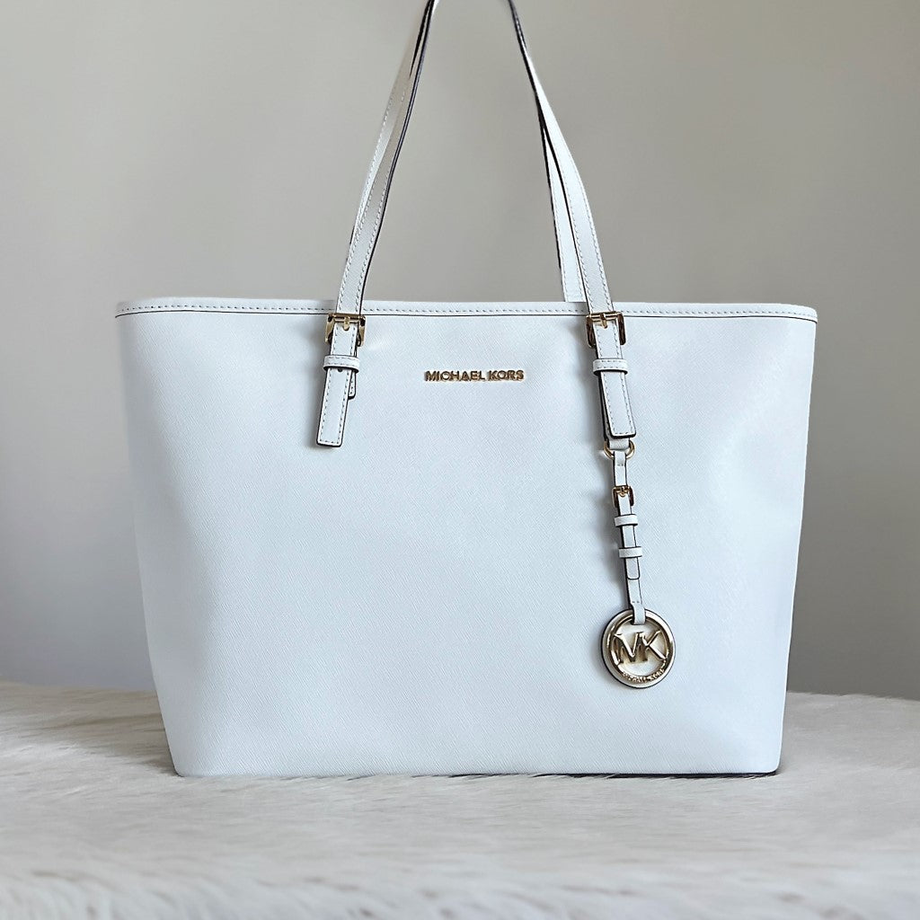 Michael Kors White Leather MK Charm Large Shoulder Bag Like New