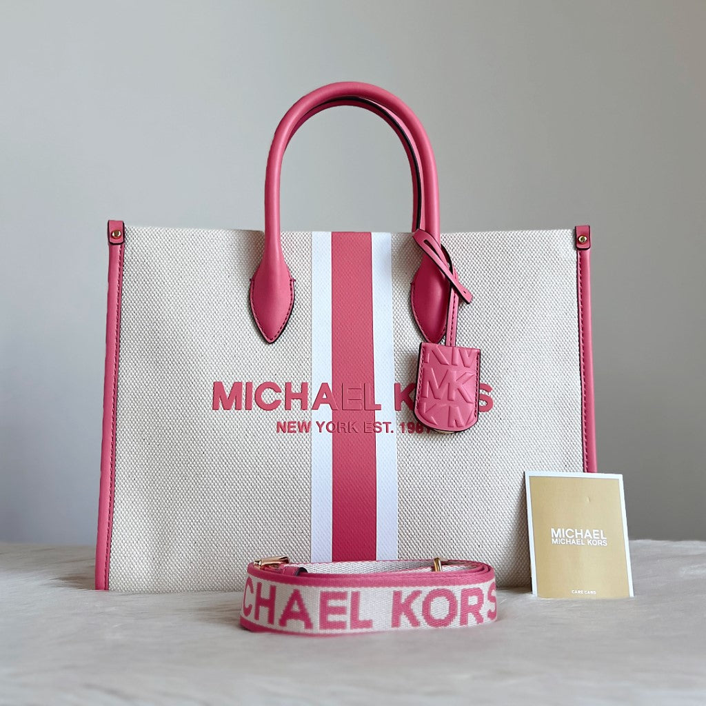 Michael Kors Pink Leather Trim Large Book Tote 2 Way Shoulder Bag Like New