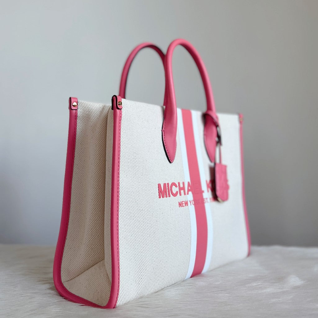 Michael Kors Pink Leather Trim Large Book Tote 2 Way Shoulder Bag Like New