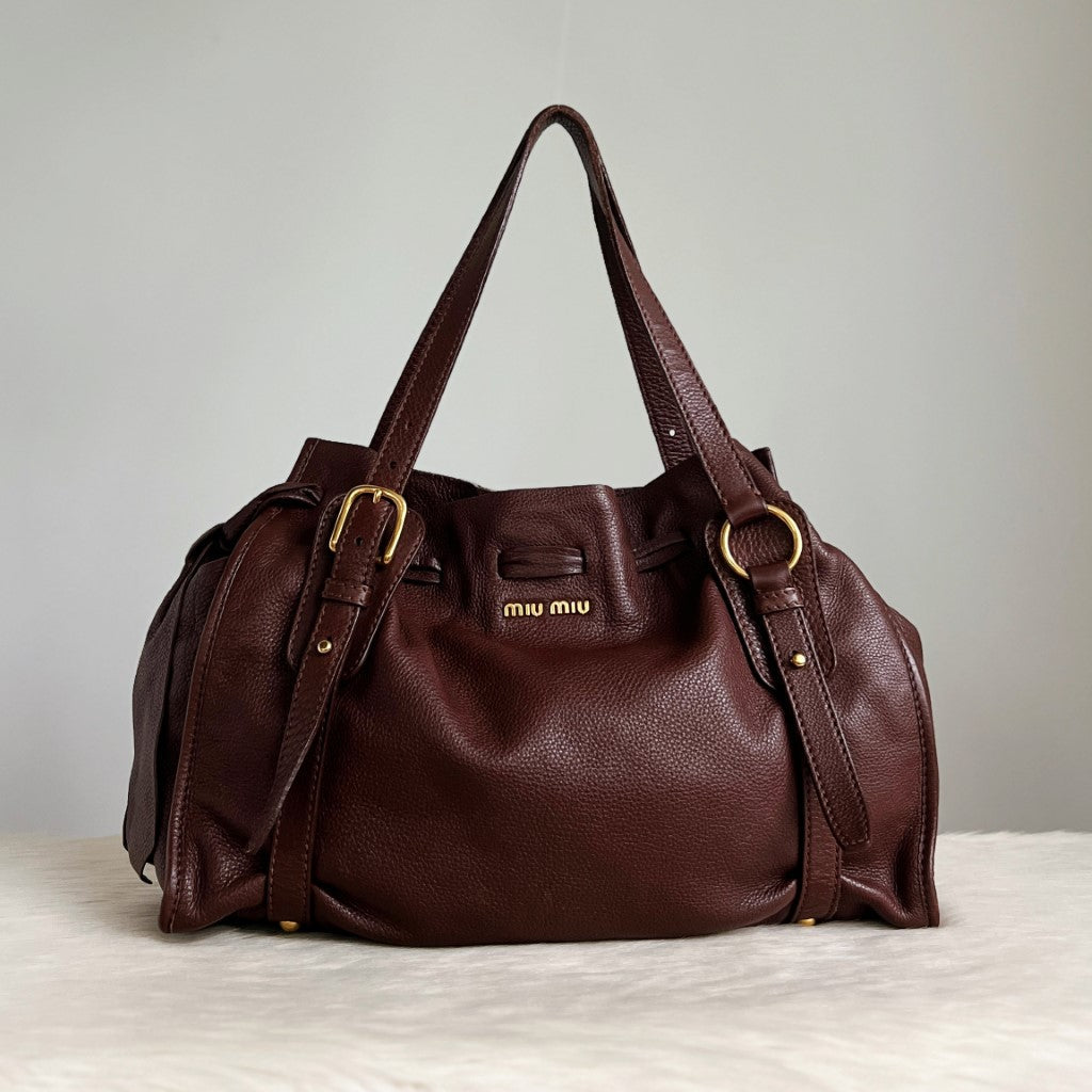 Miu Miu Chocolate Leather Side Bow Detail Front Logo Shoulder Bag