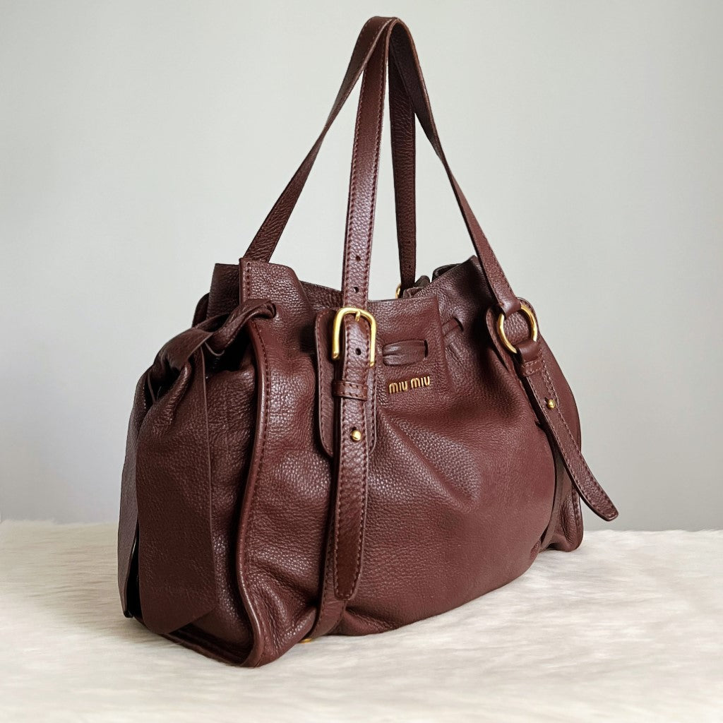 Miu Miu Chocolate Leather Side Bow Detail Front Logo Shoulder Bag