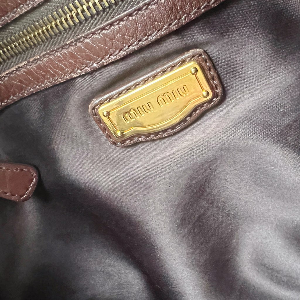 Miu Miu Chocolate Leather Side Bow Detail Front Logo Shoulder Bag