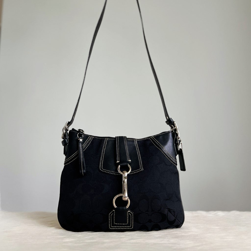 Coach Black Monogram Front Buckle Detail Crossbody Shoulder Bag