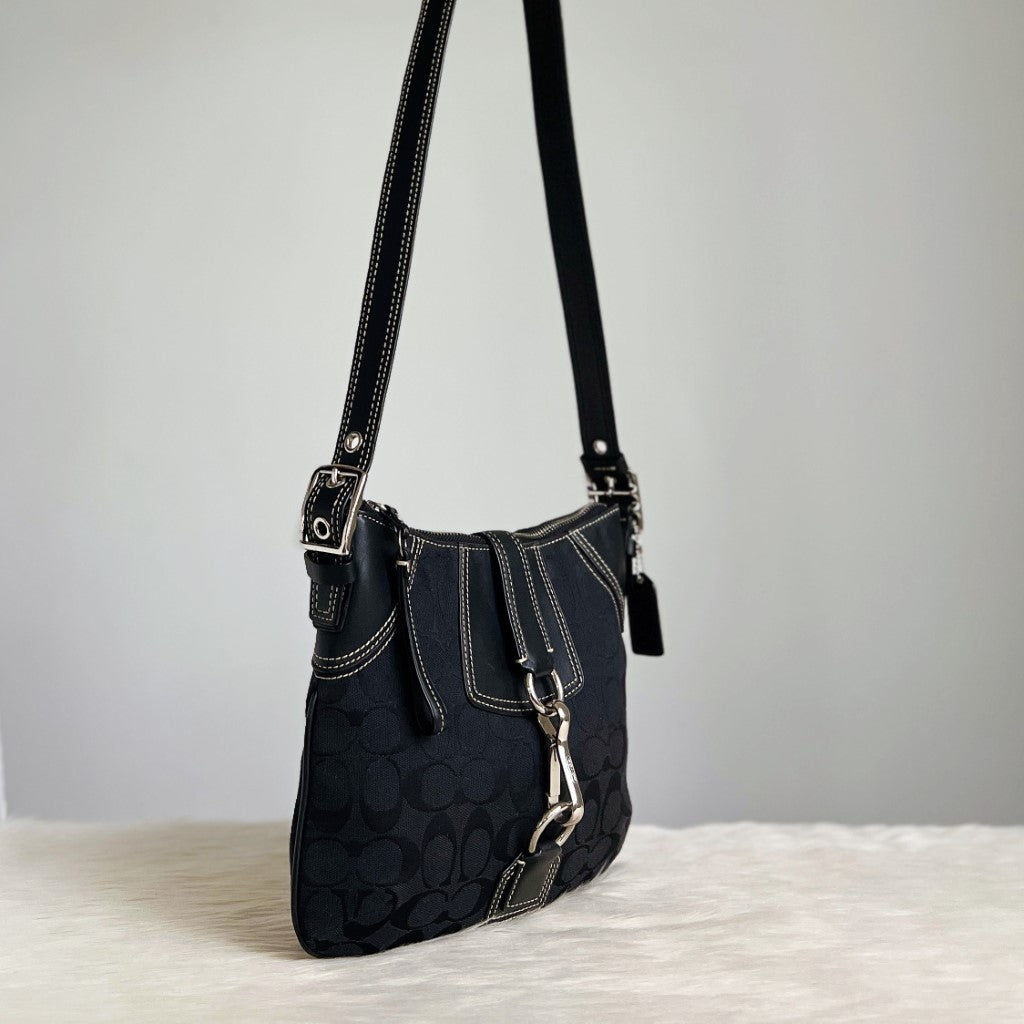 Coach Black Monogram Front Buckle Detail Crossbody Shoulder Bag