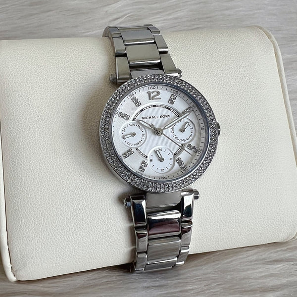 Michael Kors Silver Parker Crystal Day Date Women's Wrist Watch Like New