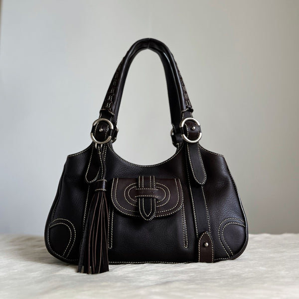 Bally Dark Chocolate Leather Tassel Charm Shoulder Bag Excellent