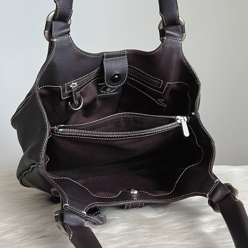 Bally Dark Chocolate Leather Tassel Charm Shoulder Bag Excellent
