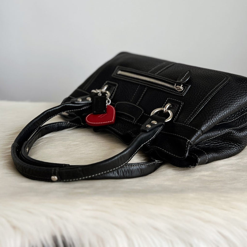 Coach Black Leather Heart Charm Triple Compartment Shoulder Bag