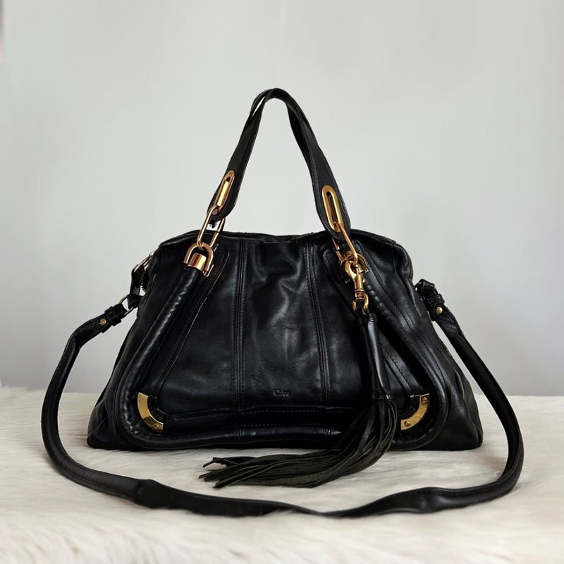 Chloe Iconic Black Leather Tassel Detail Paraty 2 Way Shoulder Bag