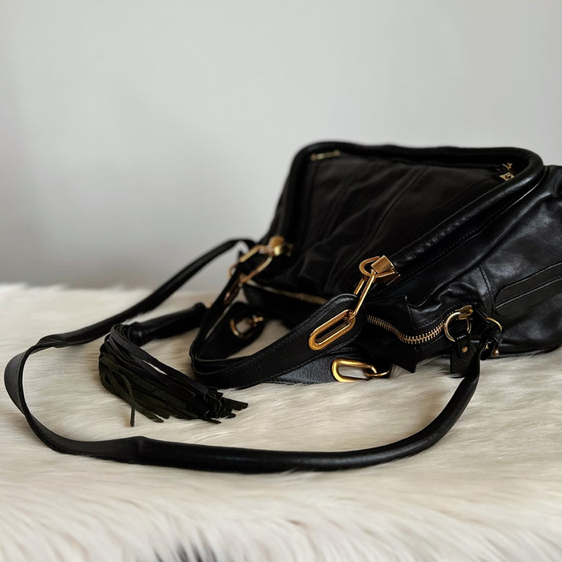Chloe Iconic Black Leather Tassel Detail Paraty 2 Way Shoulder Bag