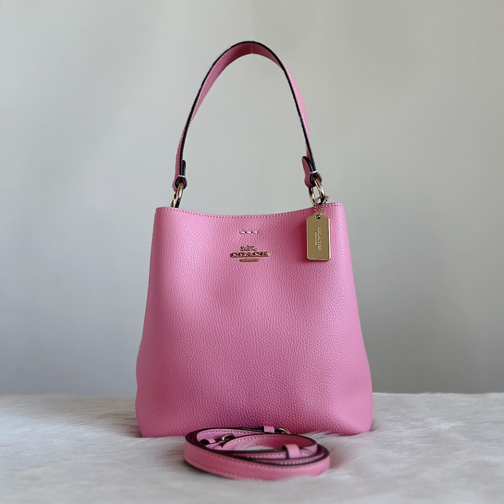 Coach Pink Leather Front Logo Bucket 2 Way Shoulder Bag Like New