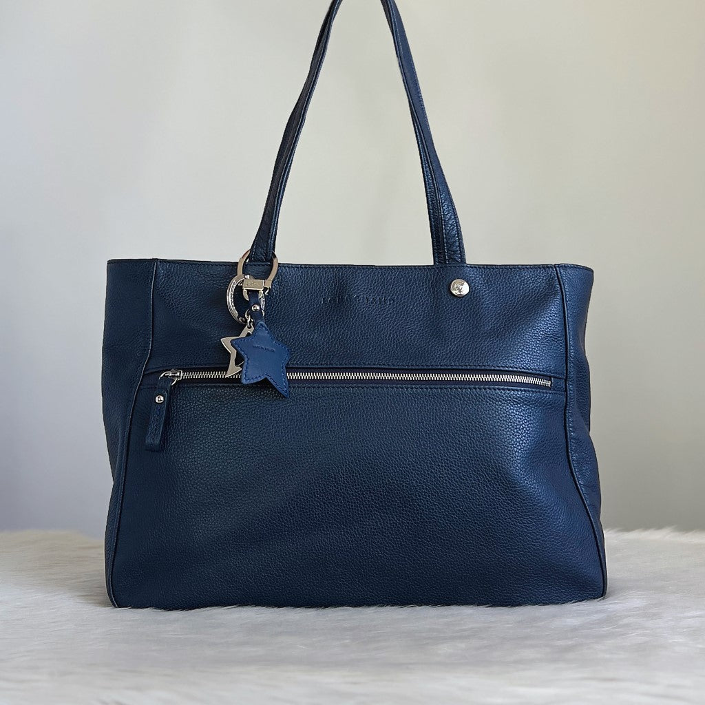 Longchamp Navy Leather Front Zip Compartment Career Shoulder Bag Excellent