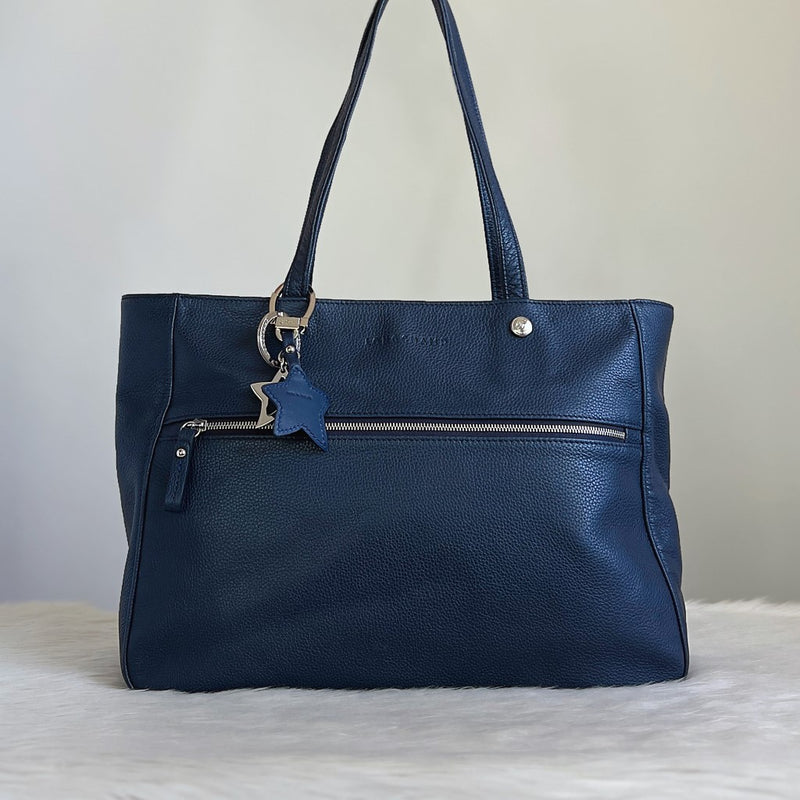 Longchamp Navy Leather Front Zip Compartment Career Shoulder Bag Excellent
