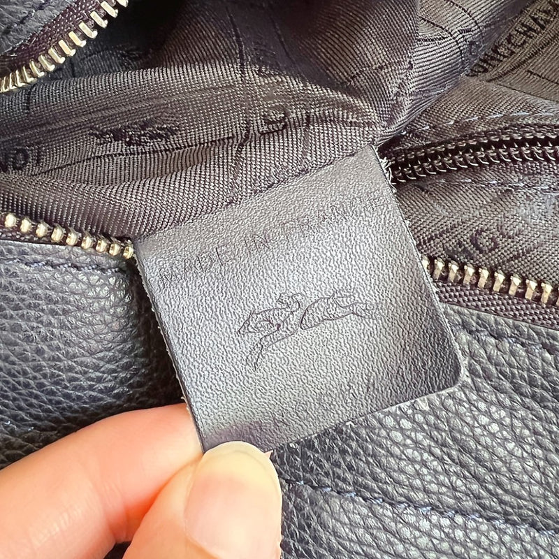Longchamp Navy Leather Front Zip Compartment Career Shoulder Bag Excellent