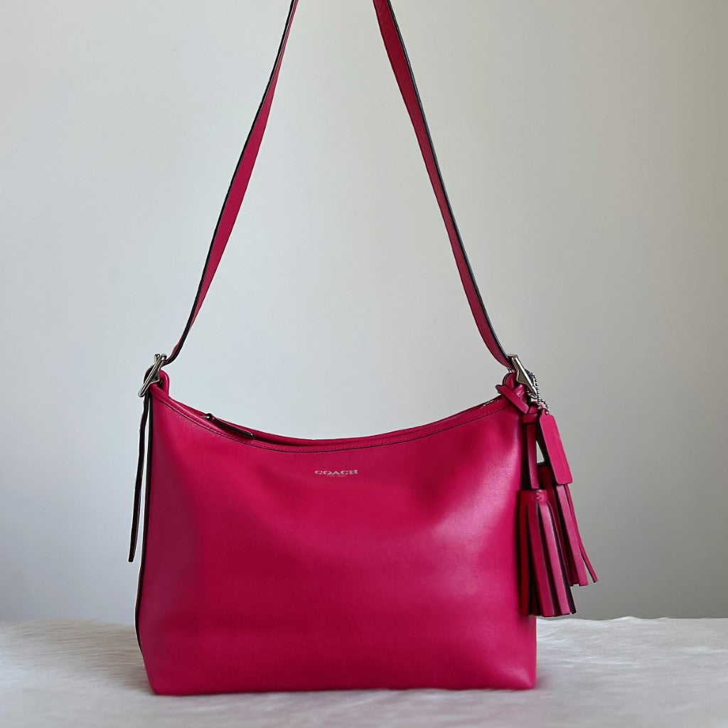 Coach Fuchsia Leather Tassel Charm Crossbody Shoulder Bag