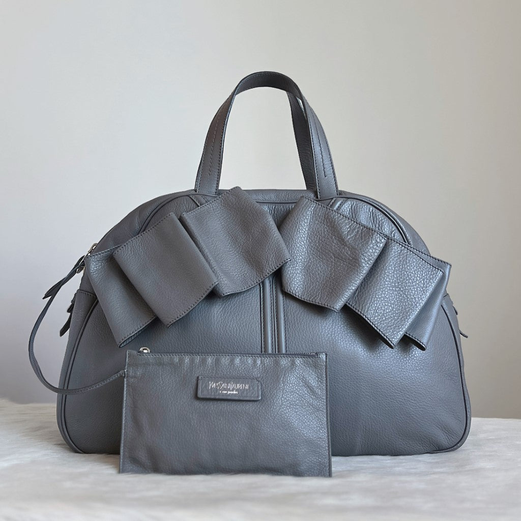 Saint Laurent YSL Grey Leather Bow Detail Large Tote Bag Excellent