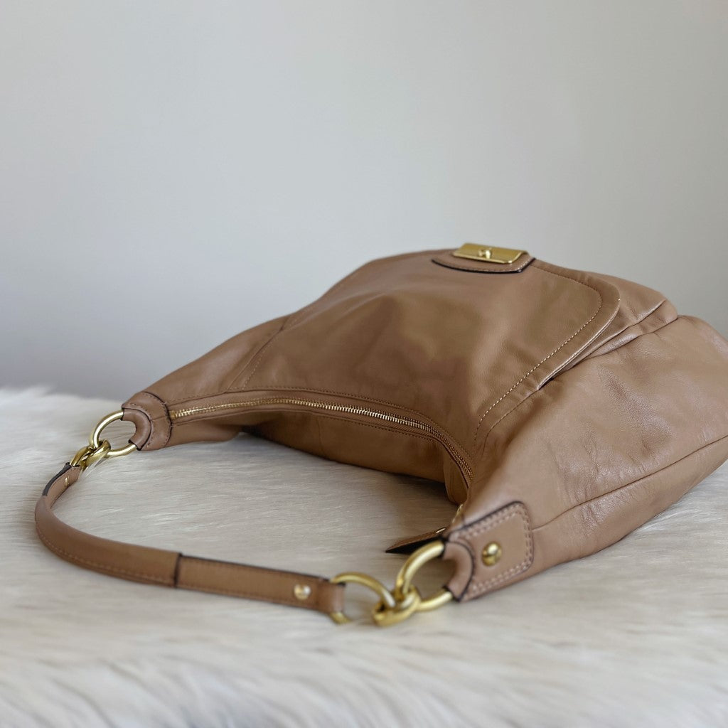 Coach Beige Leather Slouchy Front Pocket Shoulder Bag