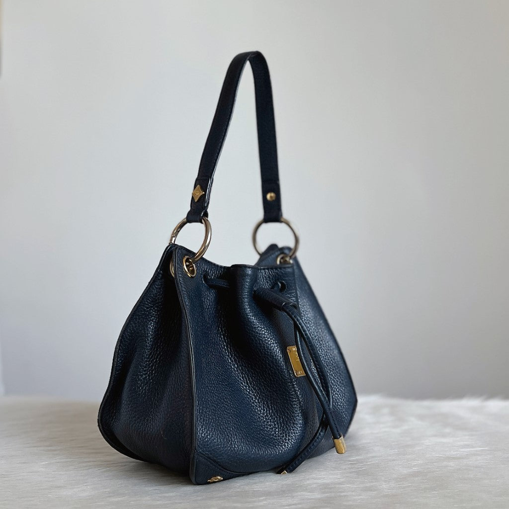 Navy Blue Leather newest Shoulder Drawstring Bag