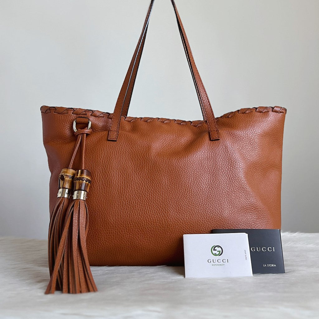 Gucci Caramel Leather Carryall Tassel Charm Shoulder Bag