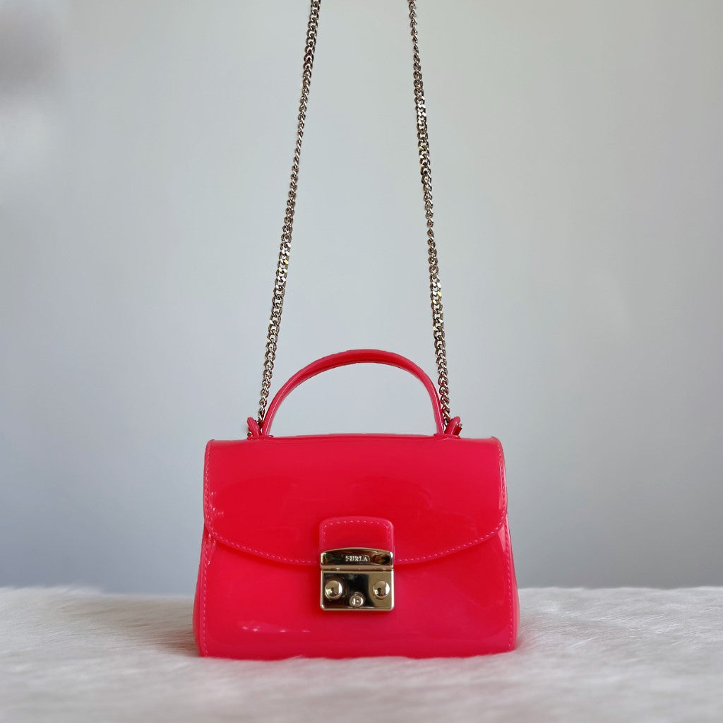 Furla Signature Pink Jelly Chain Detail 2 Way Shoulder Bag Excellent