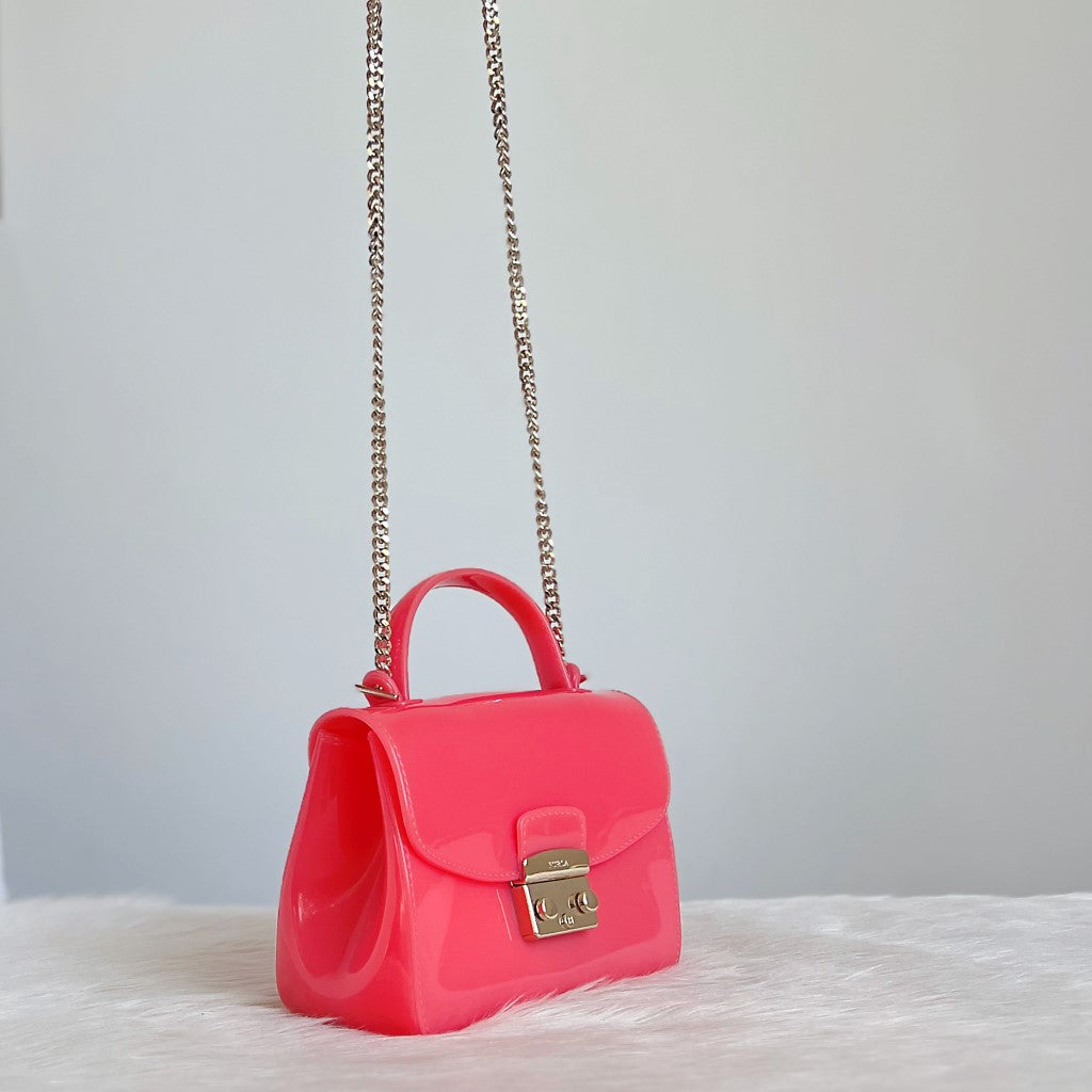 Furla Signature Pink Jelly Chain Detail 2 Way Shoulder Bag Excellent