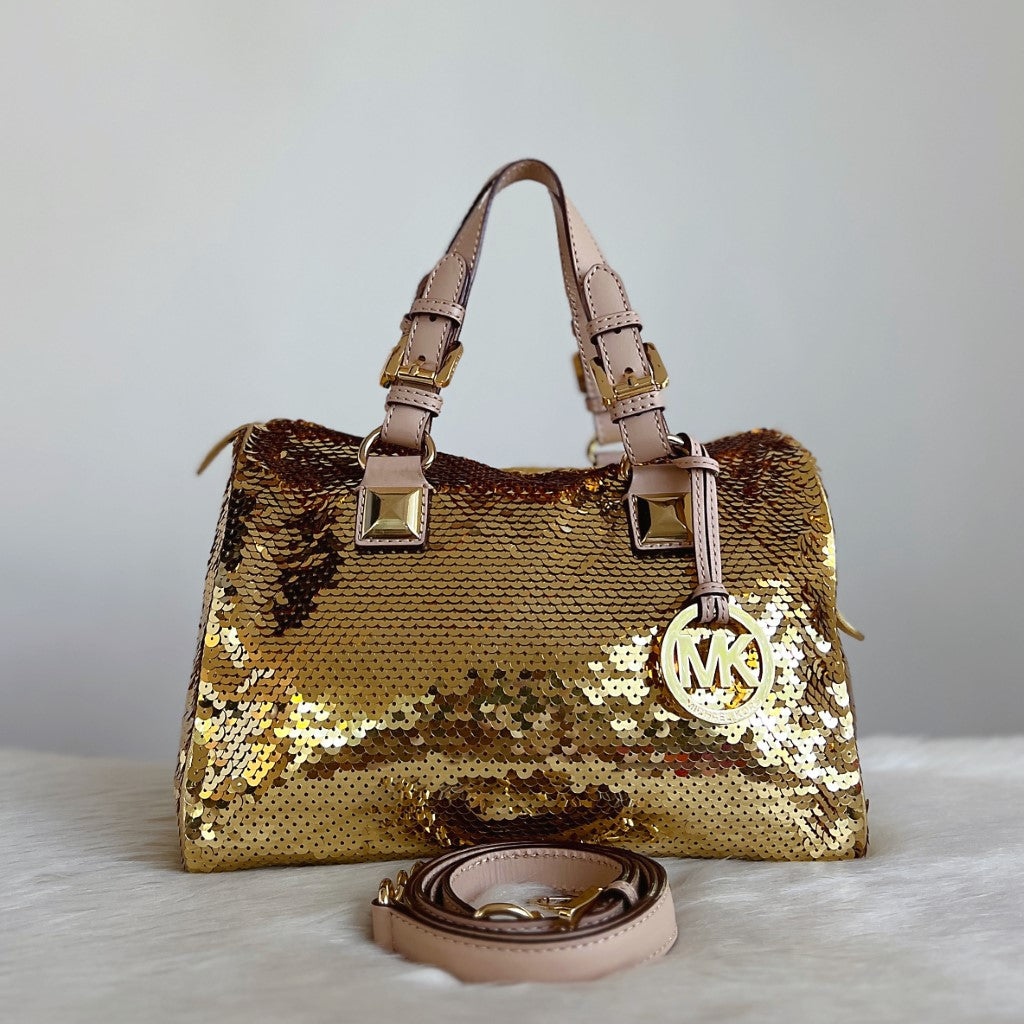 Michael Kors Gold Sequined MK Charm 2 Way Shoulder Bag Excellent