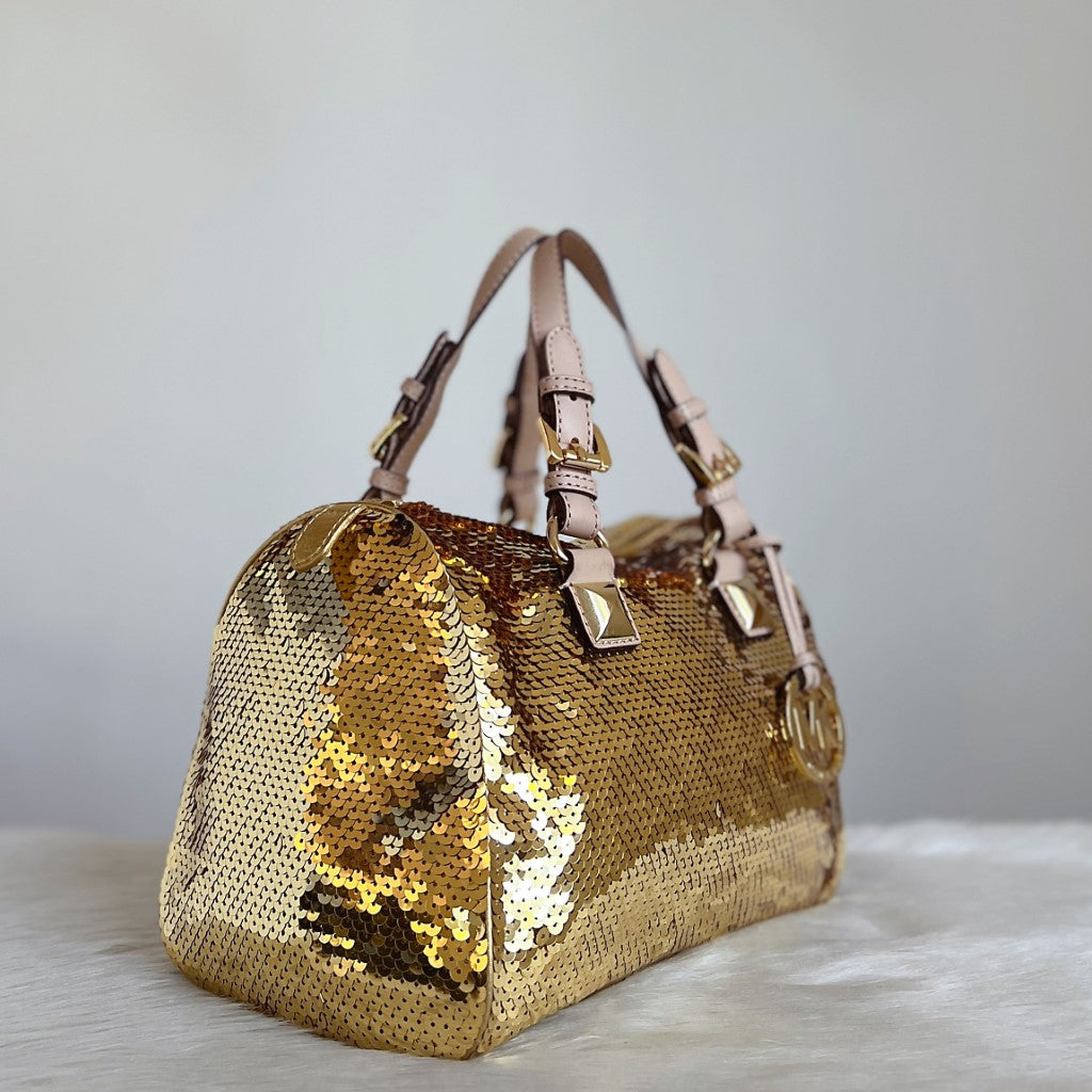 Michael Kors Gold Sequined MK Charm 2 Way Shoulder Bag Excellent