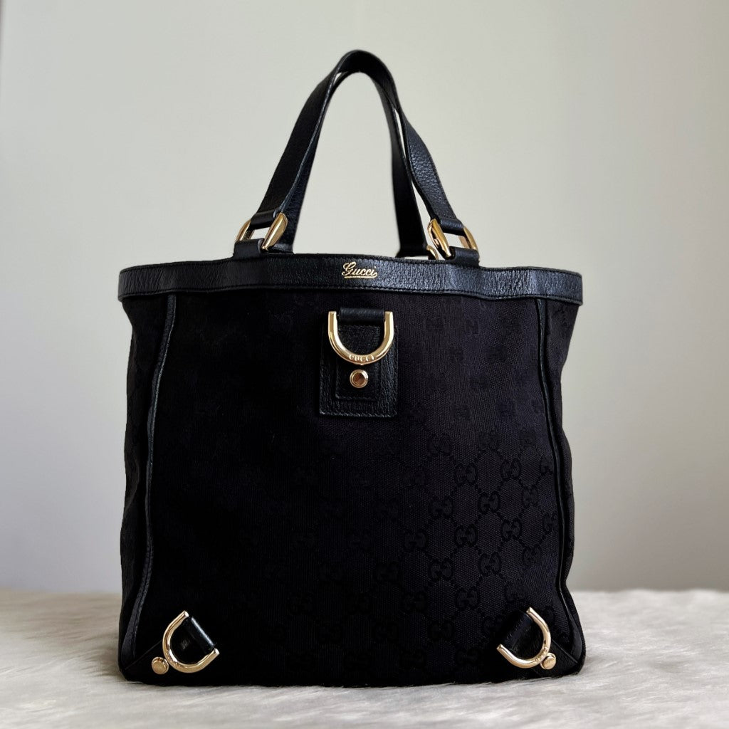 Gucci Black Leather Trim Double G Monogram Ring Detail Tote Bag