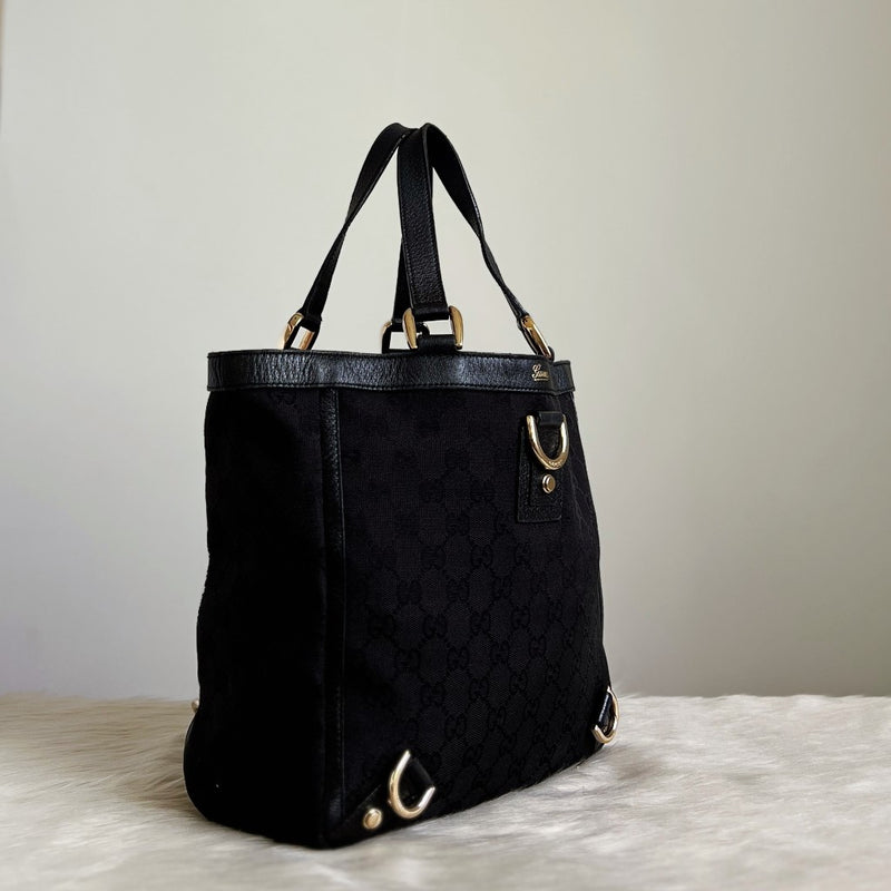 Gucci Black Leather Trim Double G Monogram Ring Detail Tote Bag