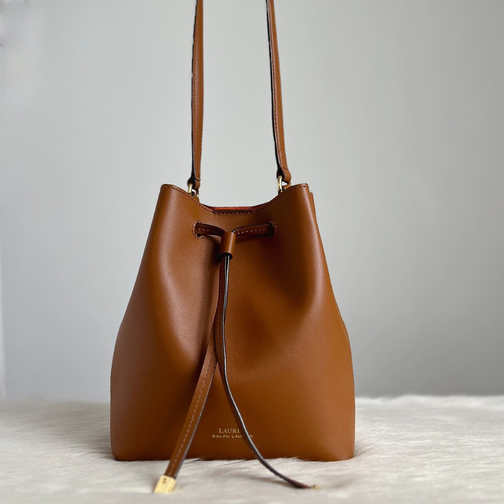 Ralph Lauren Caramel Leather Drawstring Bucket Shoulder Bag Excellent