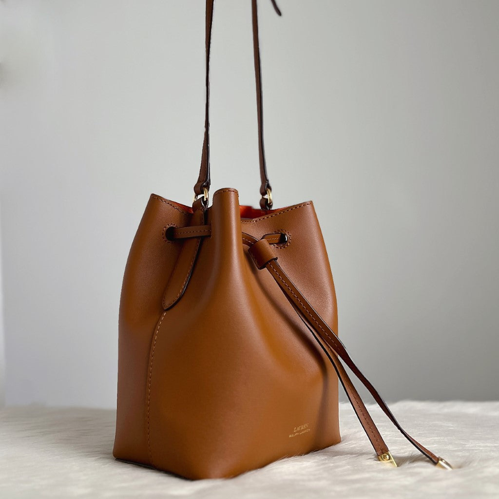 Ralph Lauren Caramel Leather Drawstring Bucket Shoulder Bag Excellent