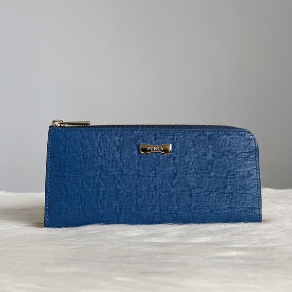 Furla Blue Leather Zip Compartment Long Wallet Excellent