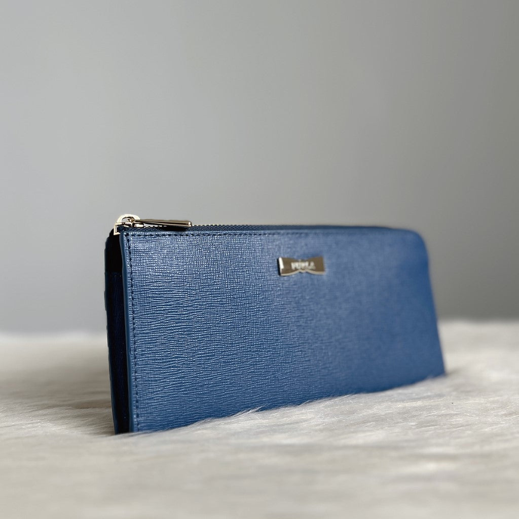 Furla Blue Leather Zip Compartment Long Wallet Excellent