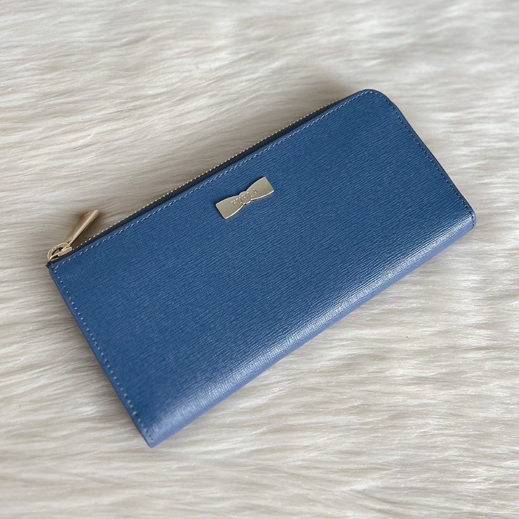 Authentic FURLA purchases Long Navy Blue Textured Leather Designer Zip Around Wallet