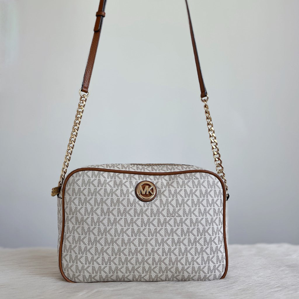 Michael Kors MK Monogram Gold Chain Detail Crossbody Shoulder Bag