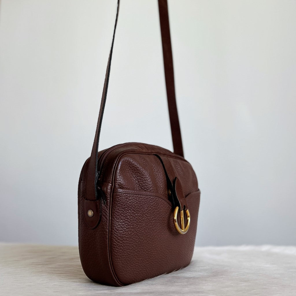 Christian Dior Chocolate Leather Front Ring Crossbody Shoulder Bag